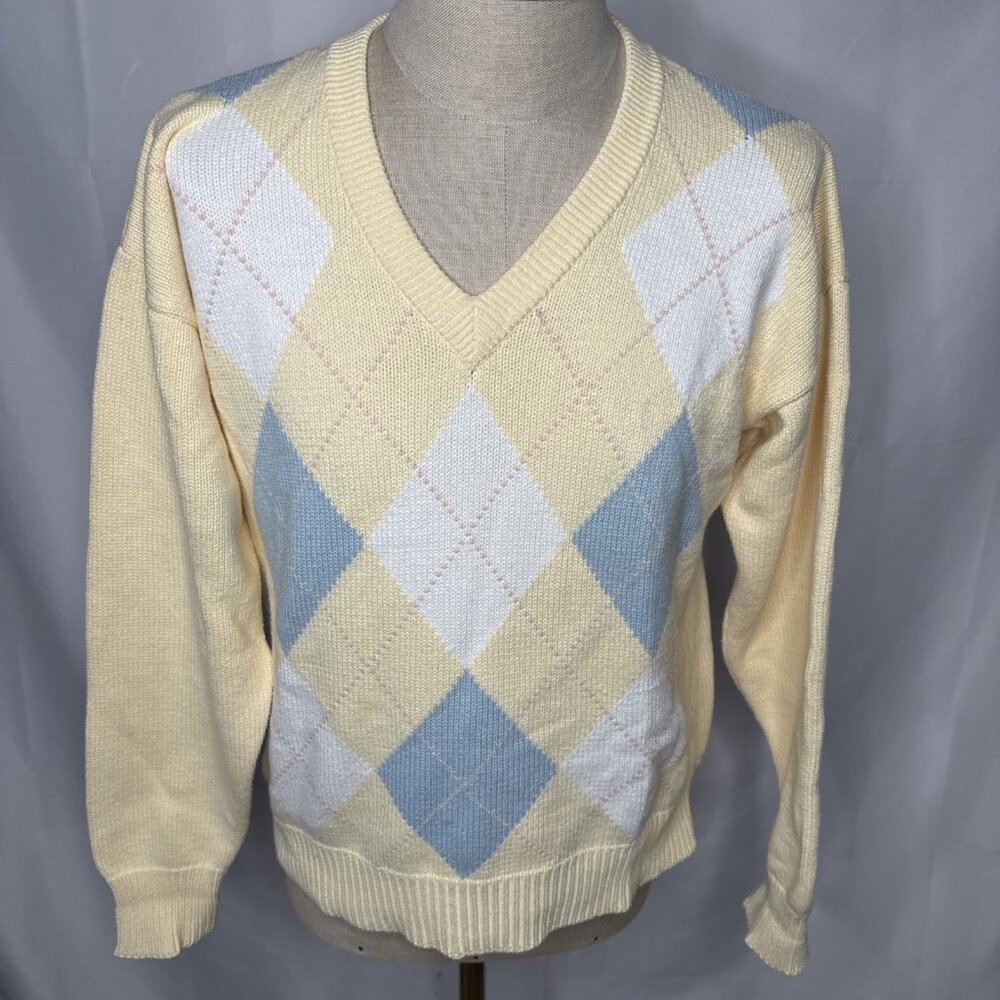 Lord & Taylor Sweater Argyle V Neck Cotton Preppy Old Money Golf Tennis Mens L